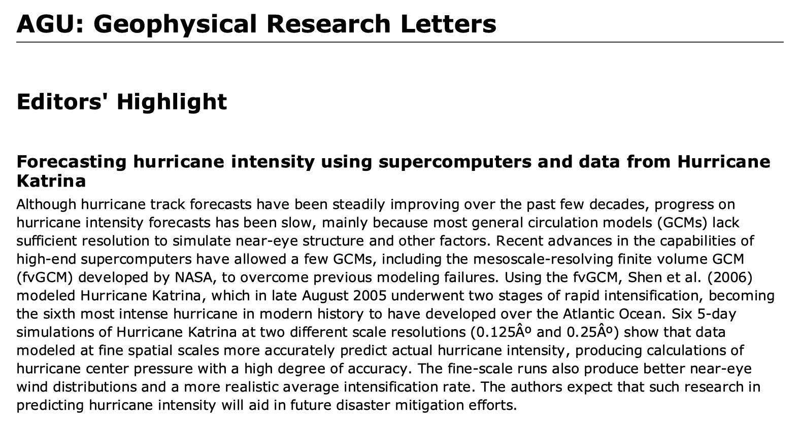 AGU GRL Editors' Highlight (2006) — Forecasting hurricane intensity using supercomputers and data from Hurricane Katrina