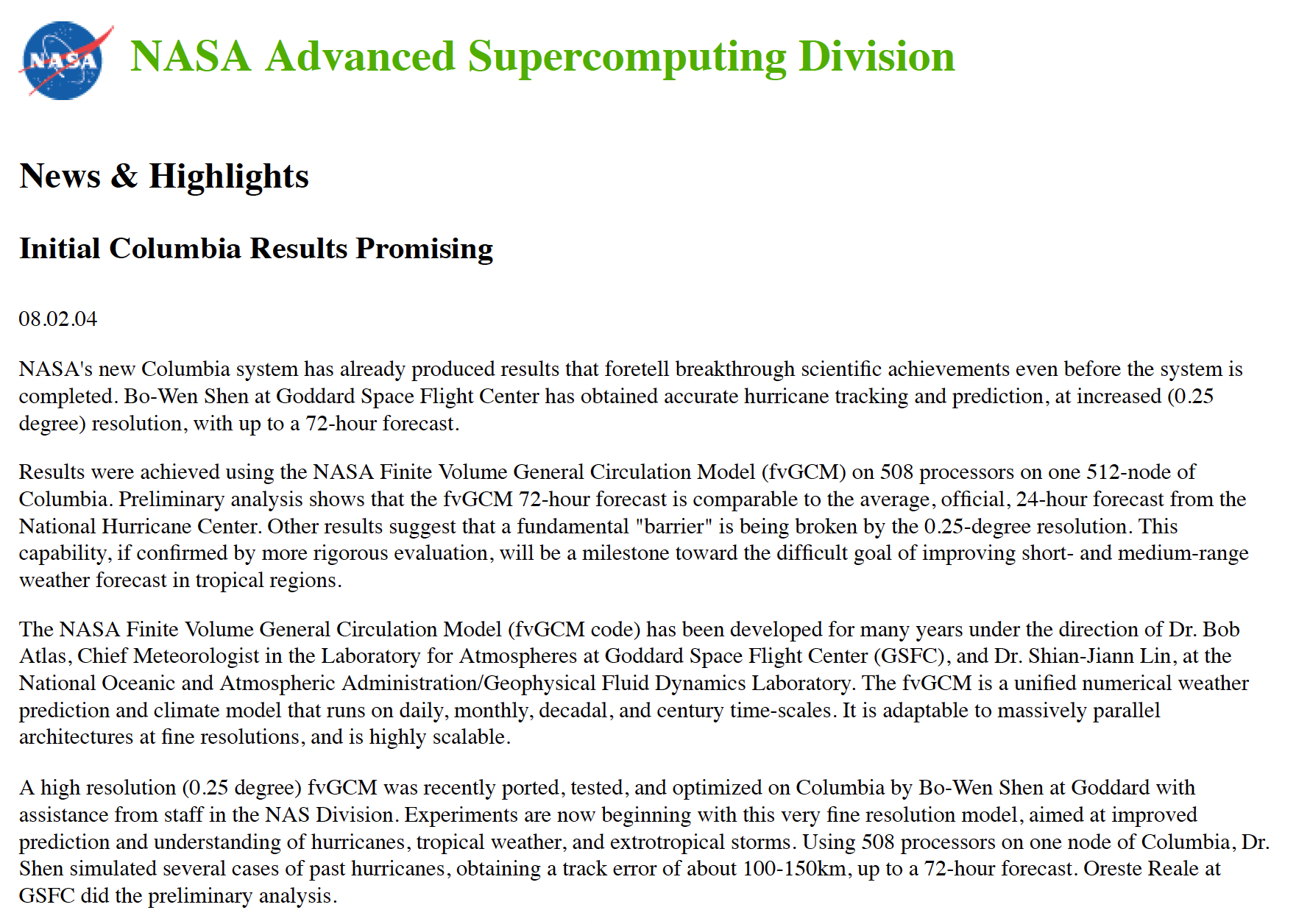 NAS News & Highlights: Initial Columbia Results Promising (Aug 2004)