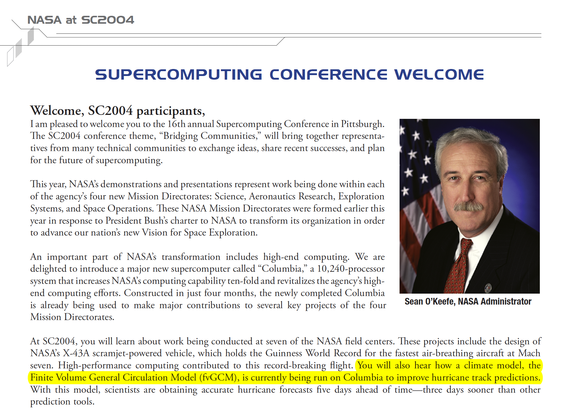 NASA at SC2004 welcome message
