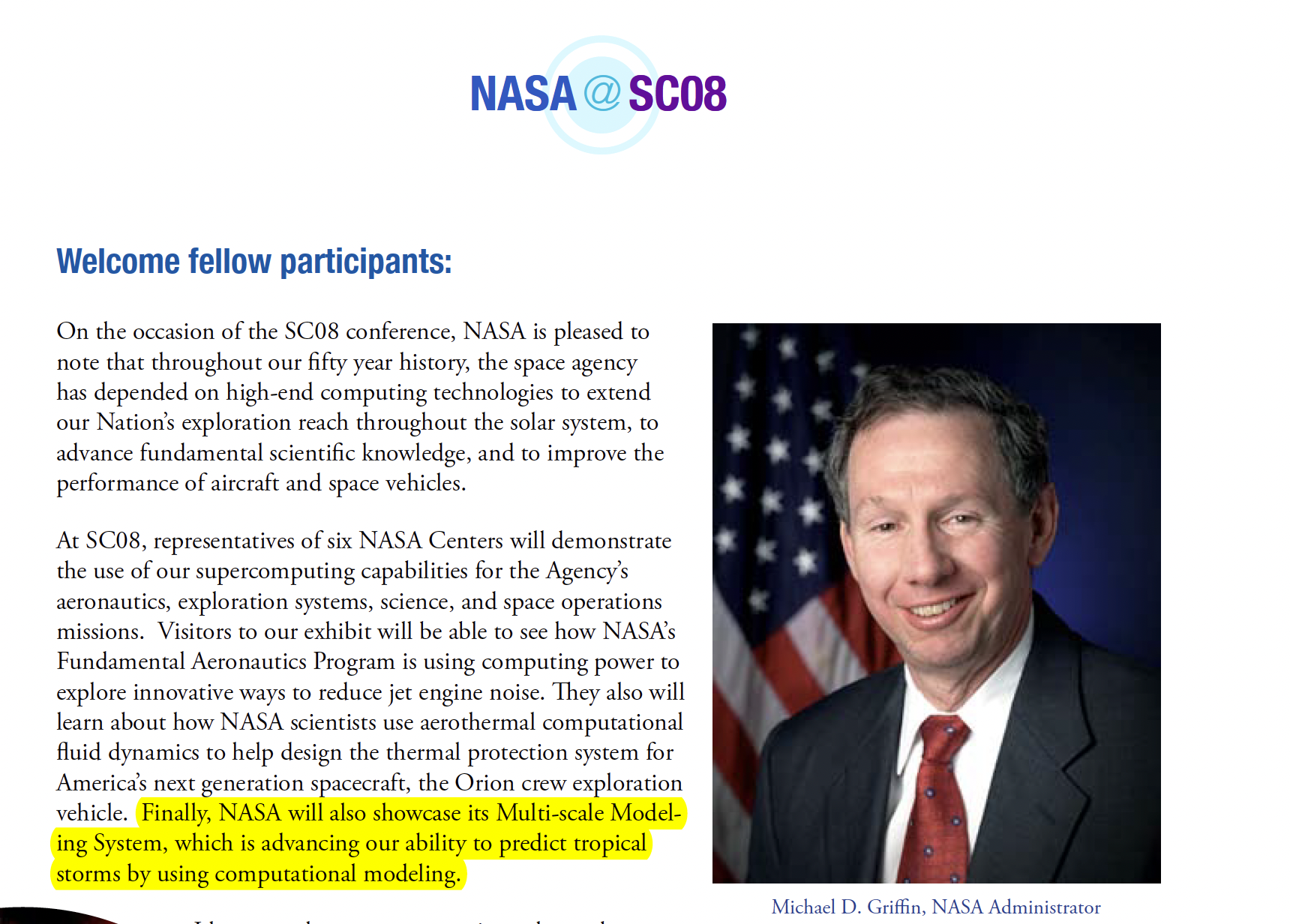 SC08 welcome message highlighting Multi-scale Modeling System for tropical storm prediction