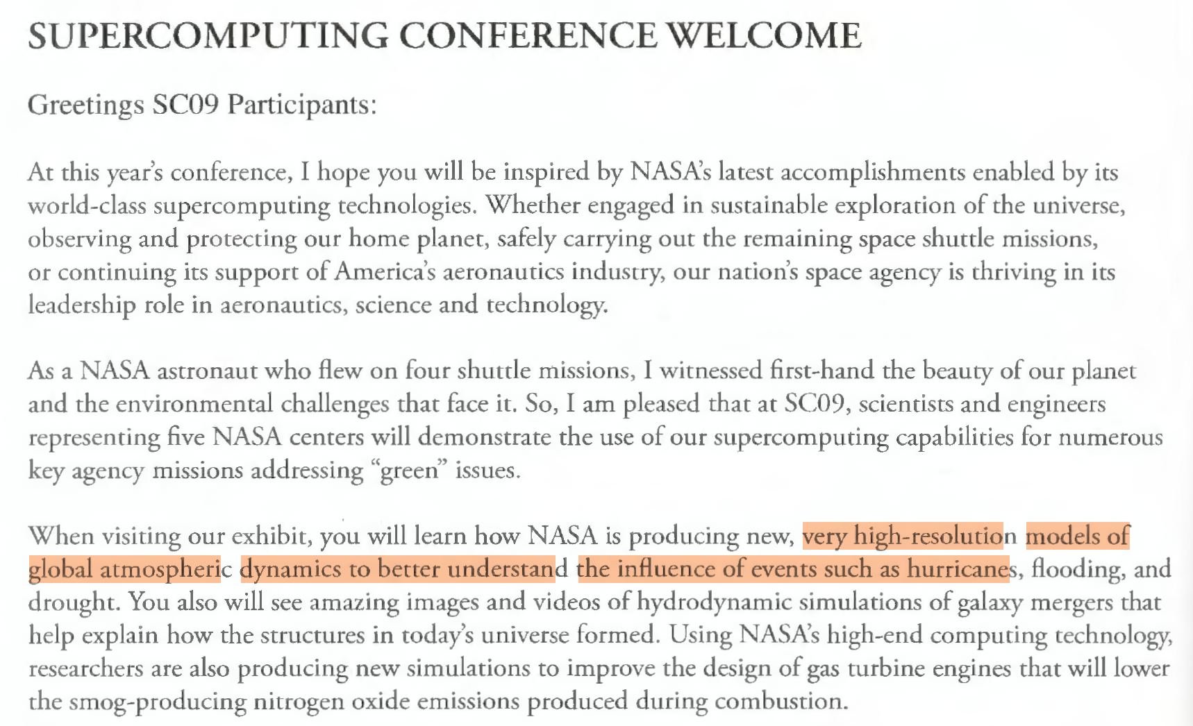 SC09 welcome message highlighting very high-resolution global atmospheric dynamics modeling
