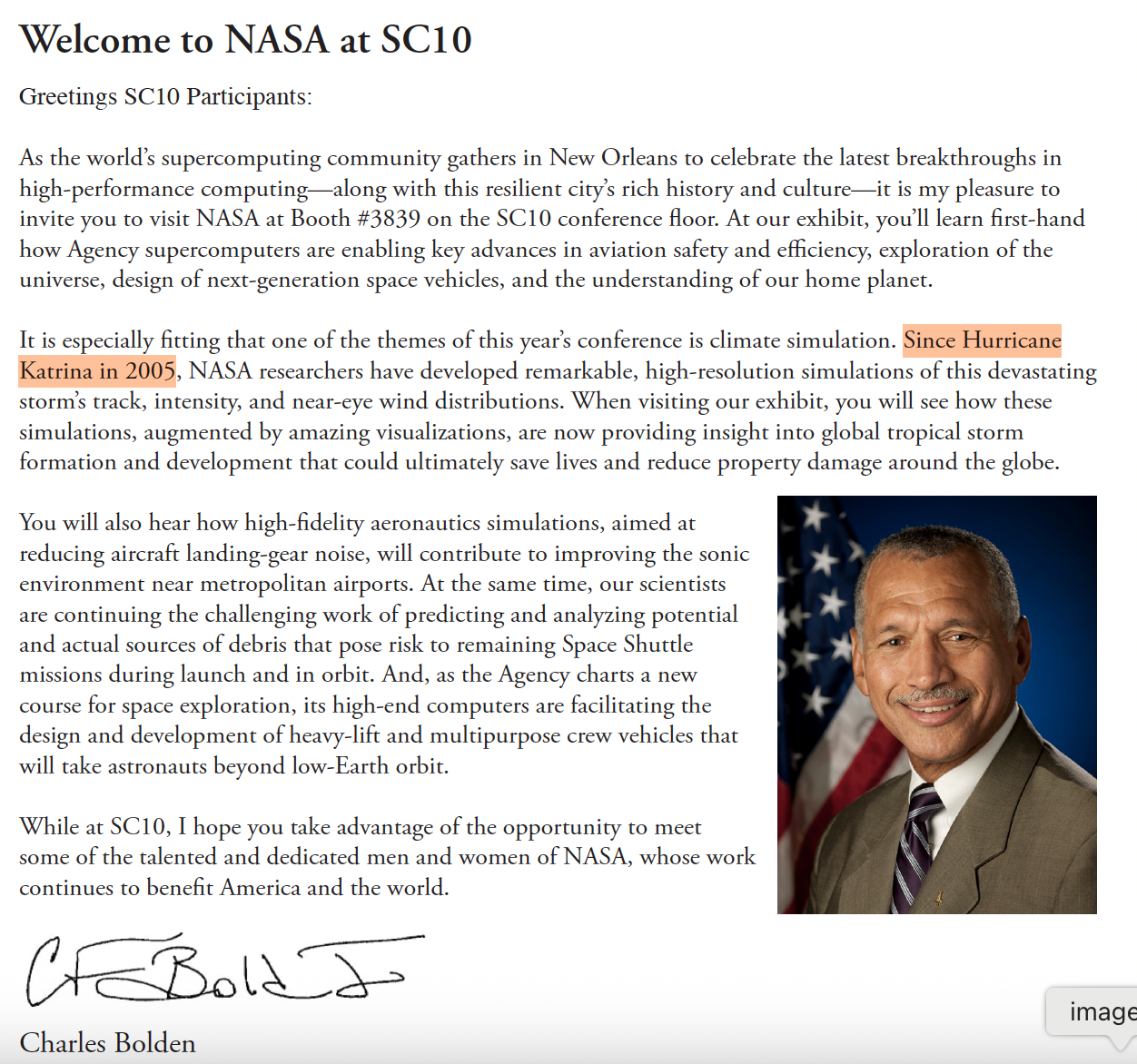 SC10 welcome message referencing Katrina and high-resolution simulations